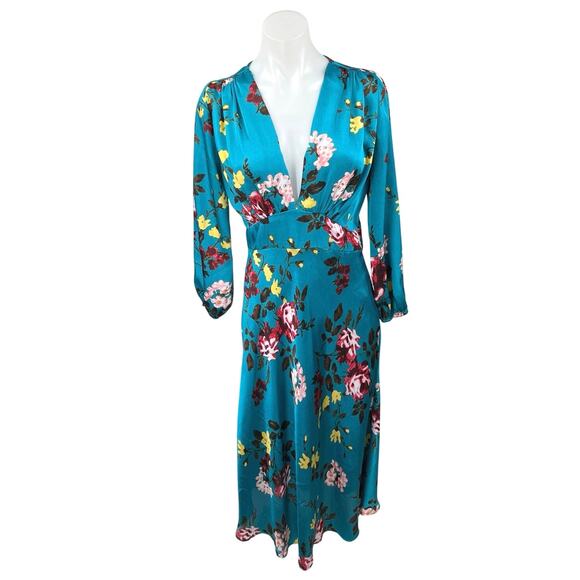 Zara Blue Silk Satin Floral Long Sleeve Deep V-Neck A Line Maxi Dress Size S - Picture 1 of 5
